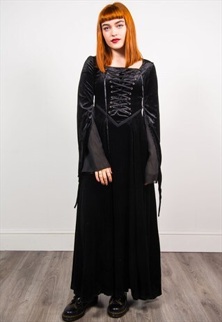 HALLOWEEN 90'S BLACK VELVET GOTHIC CORSET LACE UP DRESS