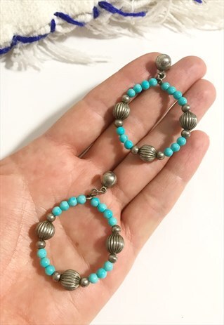 1970'S TURQUOISE BOHO BEADED DROP HOOP EARRINGS