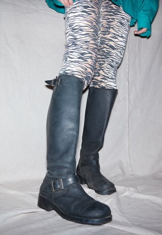 90S EFFY STONEM BLACK LEATHER JONNY BULLLS HIGH MOTO BOOTS