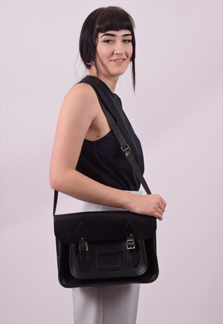 VINTAGE 90'S MEDIUM BLACK HEAVY SADDLE LEATHER SATCHEL BAG
