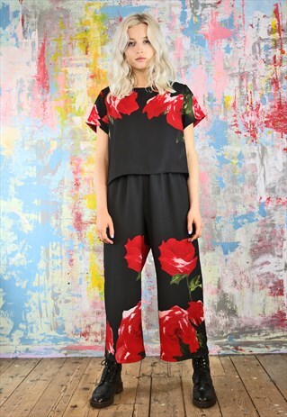 CROP PANTS & BOX TOP CO-ORDINATES IN BIG ROSE PRINT