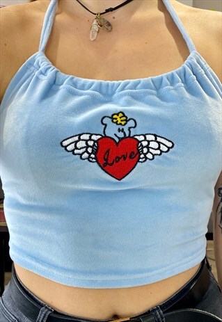VINTAGE INSPIRED CROP TOP HALTER NECK IN BLUE W EMBROIDERY