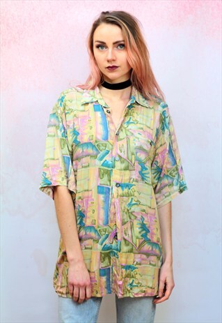 1990S VINTAGE PASTEL COLOURED PRINT VISCOSE SHIRT