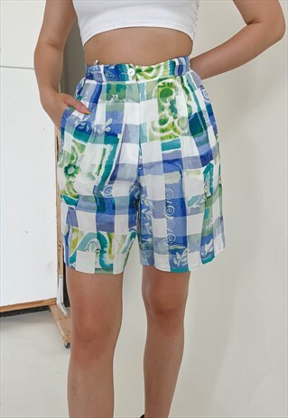 VINTAGE 90S HIGH WAIST MINI ABSTRACT&CHECK PRINT SHORTS S