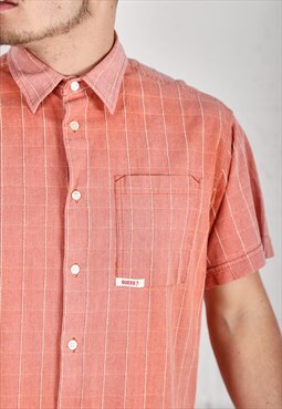 Vintage Guess Shirt in Peach Check Short Sleeve Medium