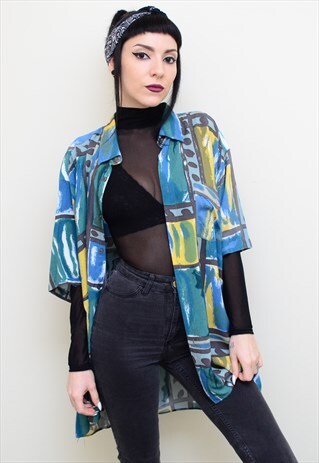 VINTAGE 90'S RETRO MAP ABSTRACT PATTERNED OVERSIZED SHIRT