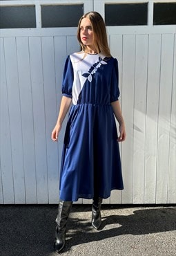 70's Vintage Blue White Floral Short Sleeve Dress