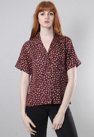 VINTAGE 90S SILK MAROON PATTERNED SHIRT BLOUSE TOP