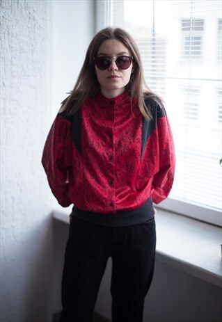 VINTAGE 80'S RED PATTERNED HIGH COLLAR TOP