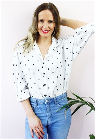 VINTAGE 80'S WHITE POLKA DOT PLEATED SLEEVE SHIRT BLOUSE