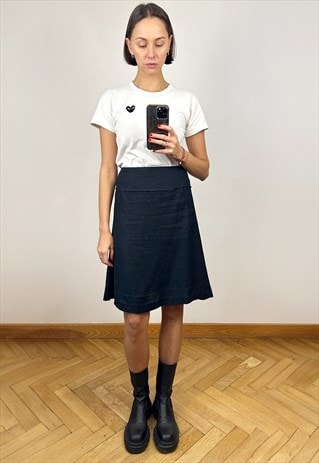 A-line Black High Waist Linen Midi Skirt, Bias cut skirt