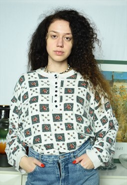 Vintage 80s Abstract floral pattern knit jumper sweater