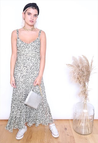 VINTAGE 90S GREEN PRINT SLIP MIDI DRESS