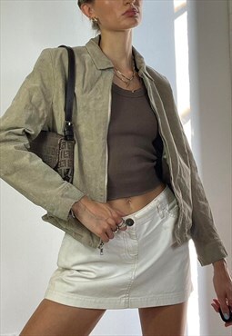 Vintage Y2k Cream Suede Leather Zipped Jacket Grunge