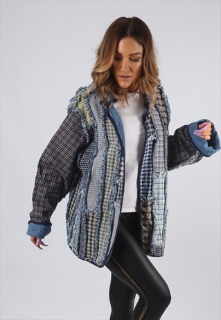 VINTAGE DENIM JACKET REVERSIBLE CHECKED TARTAN UK 16 (9EAC)