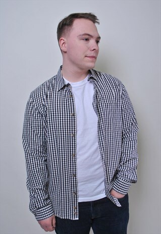 Vintage 80s blue plaid shirt, retro men check button up 