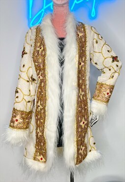 Afghan Faux Fur Sequin Coat Party Christmas White