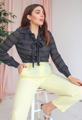 VINTAGE 70S BLACK BLOUSE WITH SILVER STRIPE PATTERN