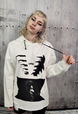 Unusual stitch hoodie Creepy eye top grunge pullover white