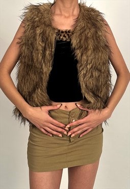 Vintage 00s Brown Faux Fur Gilet Waistcoat