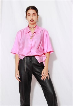 Vintage 90s Grunge Y2k Goth Shiny Pink Silky Shirt Top
