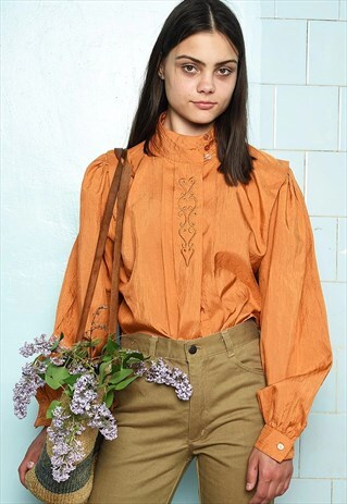 VINTAGE 80S PARISIAN MOD BOHO SATIN BLOUSE SHIRT MINIMALIST