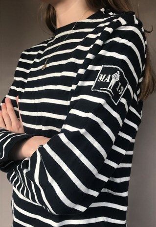 VINTAGE STRIPED LONG SLEEVE TSHIRT TOP NAVY WHITE ARM BADGE