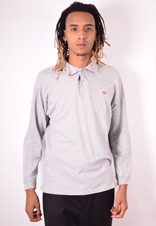 LEVI'S MENS VINTAGE POLO SHIRT LONG SLEEVE LARGE GREY 90S