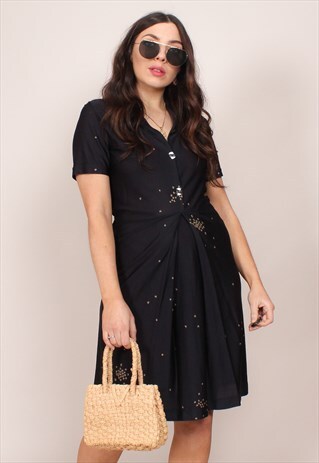 VINTAGE 70S PAINT SPLASH PRINT BLACK MINI DRESS