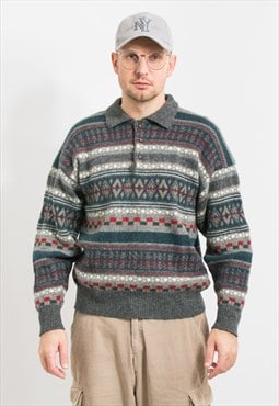 Vintage shetland wool sweater in nordic pattern collared L