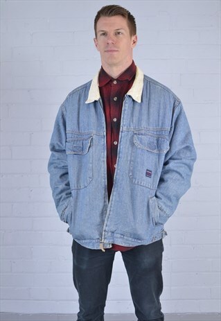 VINTAGE MID BLUE CORDUROY COLLARED LINED DENIM WORKER JACKET