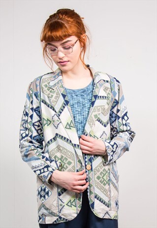 VINTAGE 90'S BLUE OPEN FRONT AZTEC BLAZER JACKET