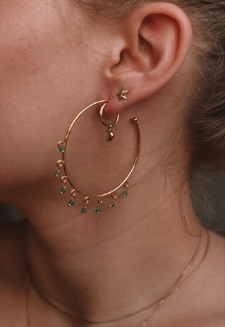 GOLD PLATED HOOPS WITH GREEN ONYX GEMSTONES