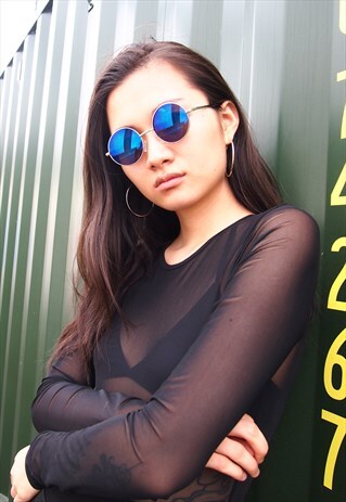 BLUE REFLECTIVE ROUND SUNGLASSES