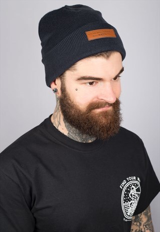 LEATHER PATCH NAVY BEANIE