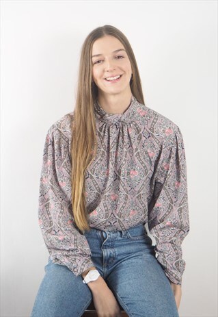 VINTAGE PASTEL PAISLEY COLLARLESS BLOUSE