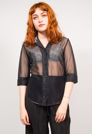 VINTAGE 90'S GREY METALIC SHIMMERY SHEER SHIRT BLOUSE