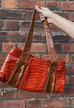 Orange Croc Leather Handbag