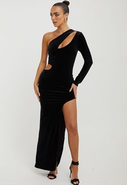 Black Velvet One Shoulder Long-Sleeve Cut Out Maxi Dress