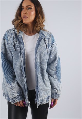 VINTAGE DENIM BOMBER JACKET OVERSIZED ACID WASH UK 14 (DKBG)