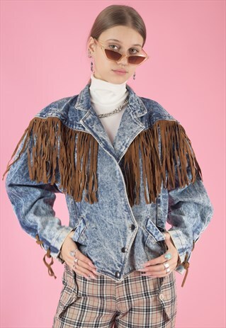 VINTAGE 80S DENIM JACKET IN BLUE WITH LEATHER FRINGE ACID