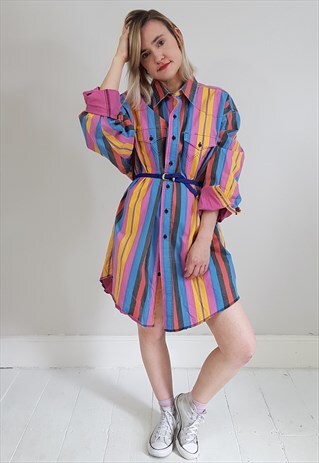 VINTAGE 90'S OVERSIZED FADED STRIPED LONG DENIM SHIRT