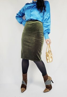 90s moss green velveteen midi minimalist pencil skirt