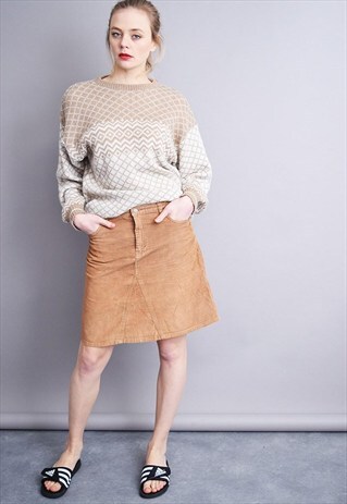 90'S RETRO BROWN HIGHWAISTED CORDUROY A-LINE MINI SKIRT