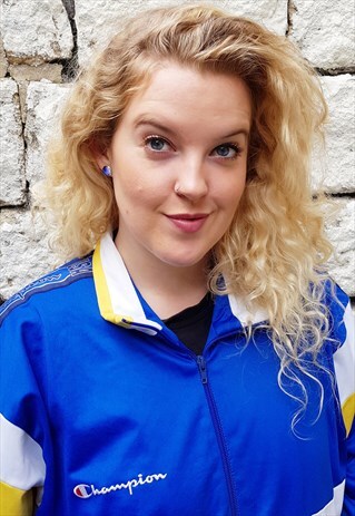 VINTAGE CHAMPION TAPED TRACK JACKET BLUE YELLOW
