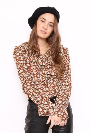 VINTAGE 80S BROWN FLORAL RUFFLE BLOUSE