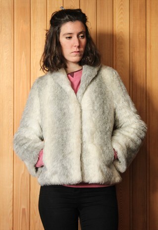 VINTAGE GREY FAUX FUR COAT