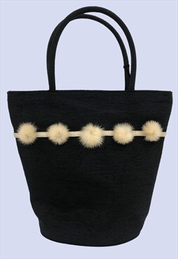Black Fabric Pom Pom Zip Casual Small Grab Handbag