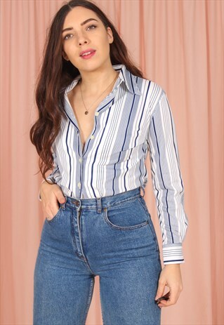 VINTAGE 70S STRIPE BLOUSE IN BLUE