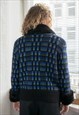 VINTAGE 80'S BLACK/BLUE PATTERNED FAUX FUR TRIM CARDIGAN